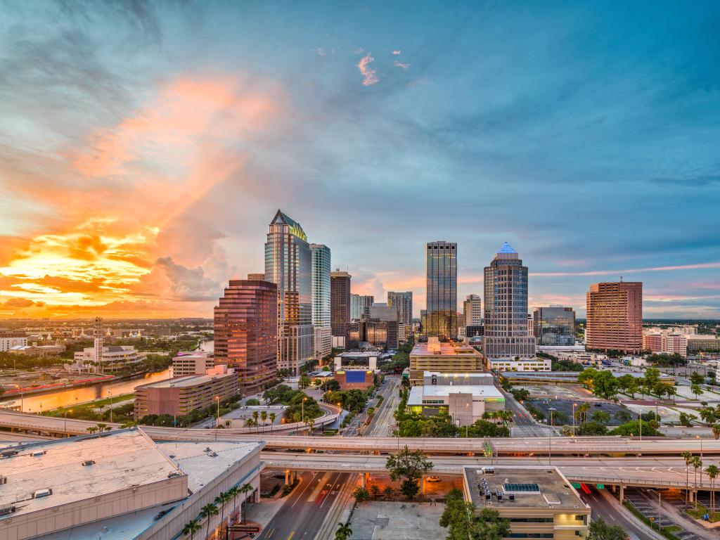 Tampa, Florida, USA downtown skyline at dusk.