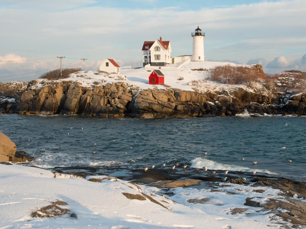 Nubble Lighthouse after a Winter Storm, Cape Neddick, York, Maine, USA