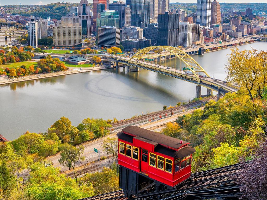 View of downtown Pittsburgh from top of the Duquesne Incline, Mount Washington, in Pittsburgh, Pennsylvania USA