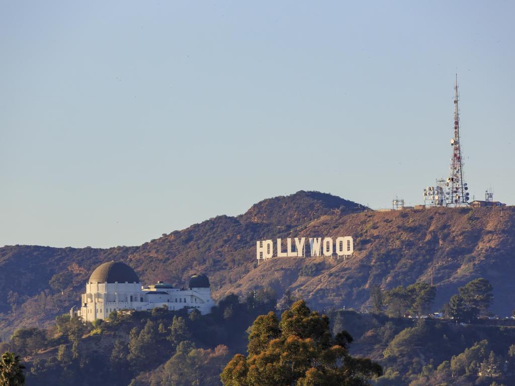 Sunset view of the Hollywood sign and Griffith Observatory on NOV 22, 2014 at Los Angeles, California
