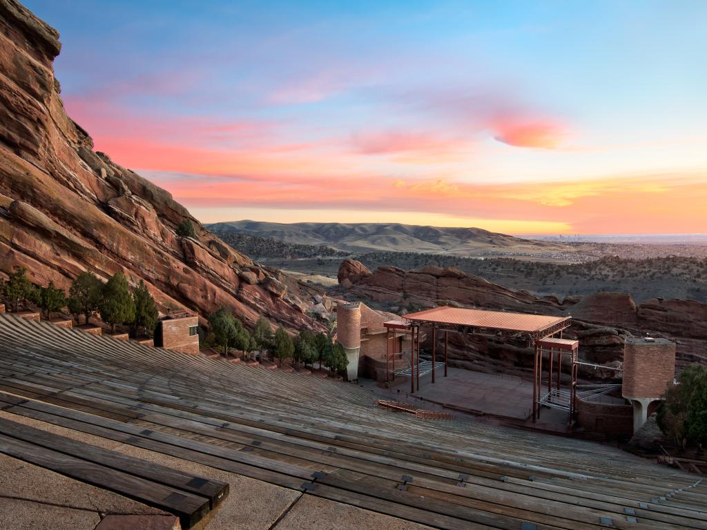 Red Rocks Park Amphitheatre stage at sunrise in Denver, Colorado