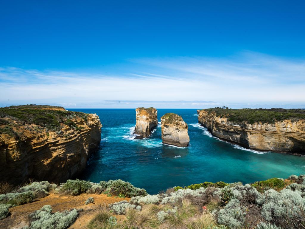 View across Tom and Eva Lookout of stunning rock formations and turquoise waters, Port Campbell National Park, Great Ocean Road, Victoria, Australia