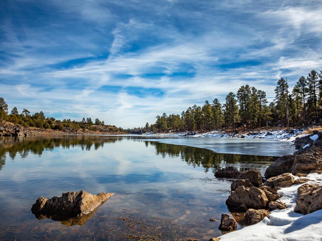 A quiet wintry scene along the shore of Fool Hollow Lake. Near Show Low in Arizona's White Mountains, USA.