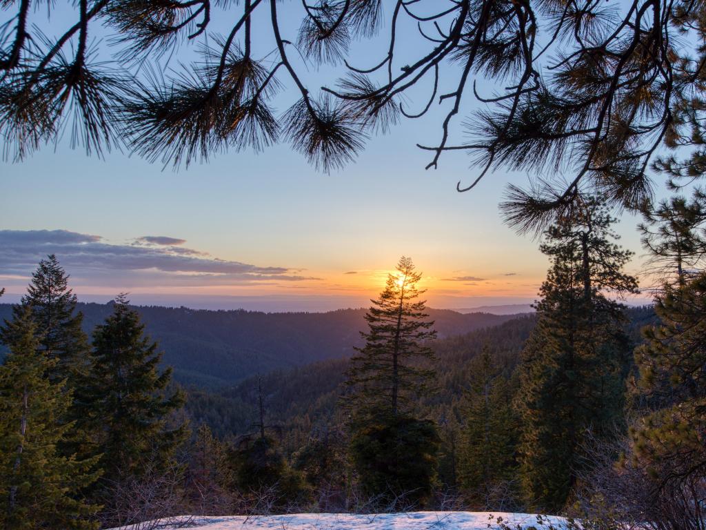 Boise National Forest, Idaho, USA taken at sunset with a rock platform in the foreground, trees surrounding and hills in the distance.
