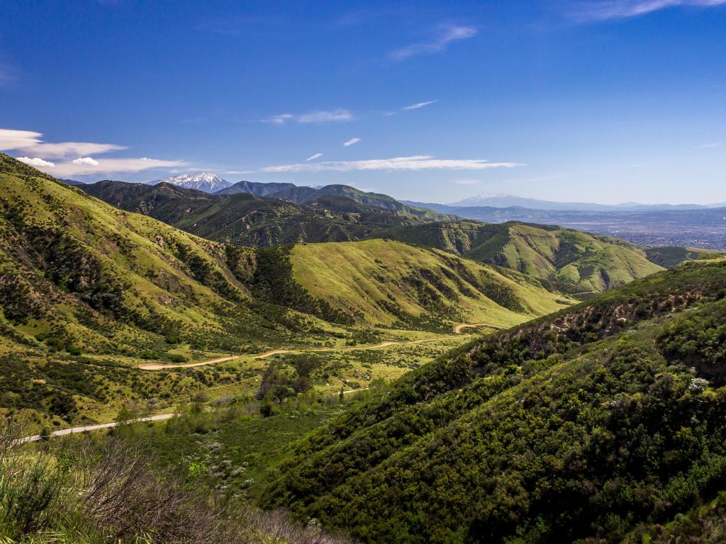 San Bernardino Valley from the San Bernardino Mountains on a sunny day, Rim of the World Scenic Byway, San Bernardino County, California