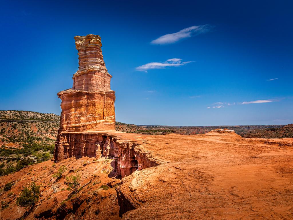 The famous Lighthouse Rock at Palo Duro Canyon State Park, Texas, on a sunny day.