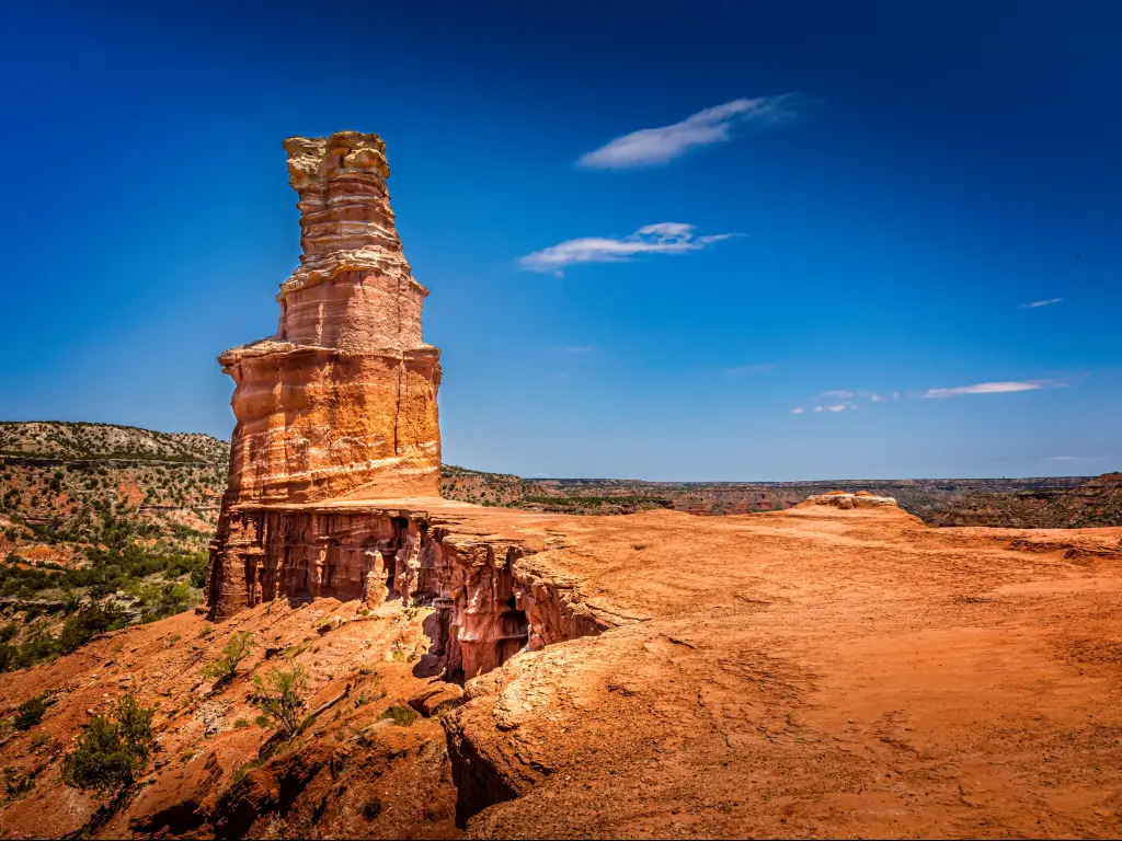 The famous Lighthouse Rock at Palo Duro Canyon State Park, Texas, on a sunny day.