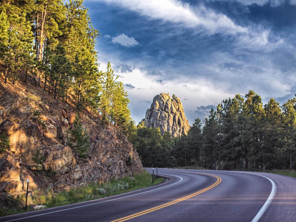 Black Hills National Forest, USA with a road winding between mountains and trees on a cloudy day.