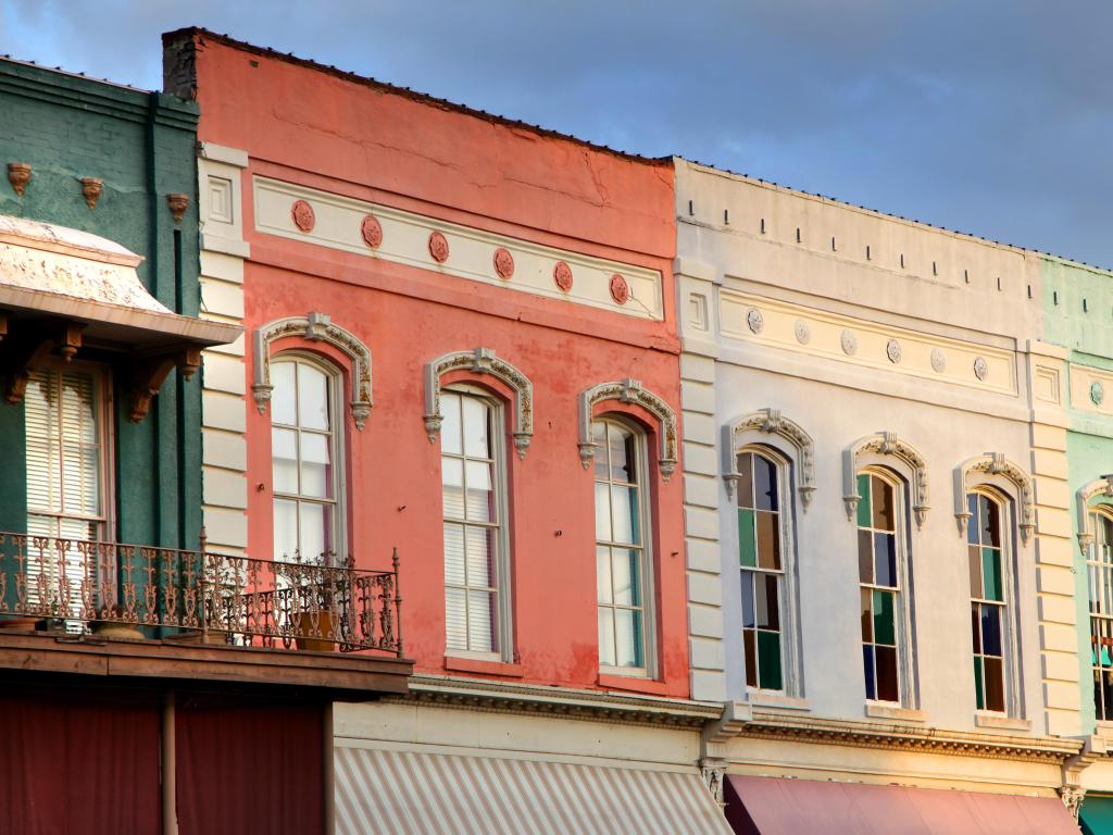 Row of historic buildings with colourful facades in Canton, MS