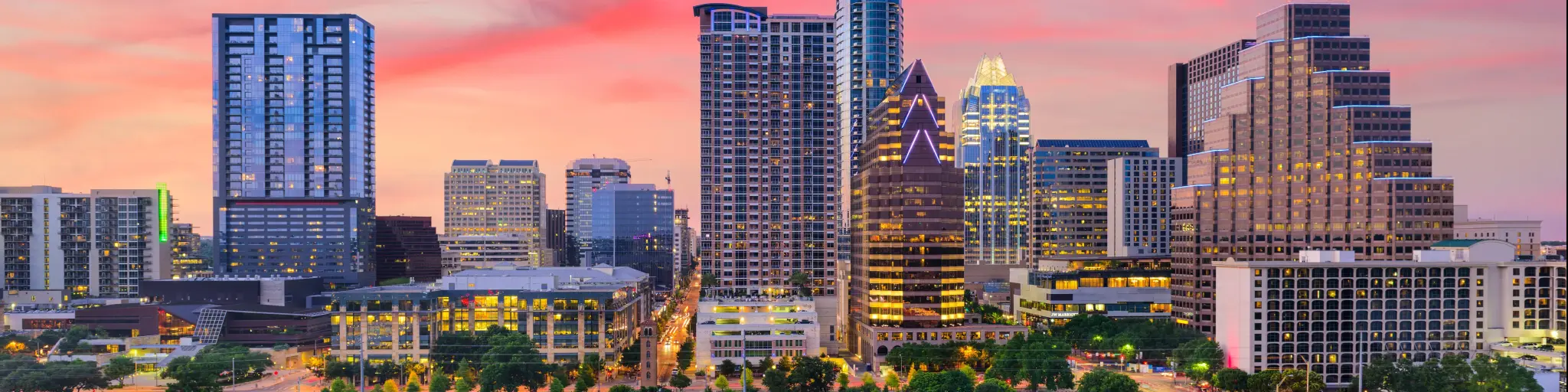 Austin, Texas, USA downtown skyline at night.