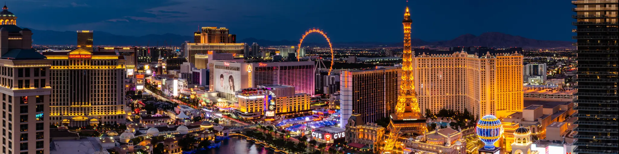 Panorama of the Las Vegas skyline at night in Las Vegas, Nevada, USA.