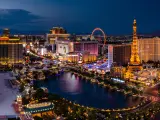 Panorama of the Las Vegas skyline at night in Las Vegas, Nevada, USA.