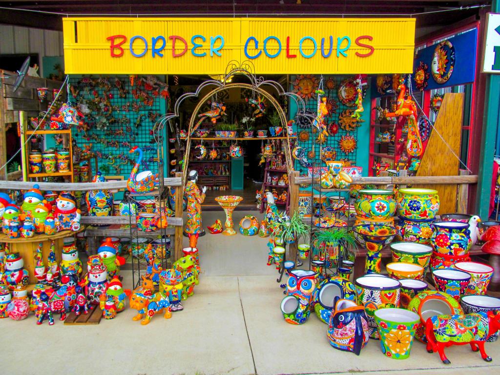 Traditional colorful handmade ceramic pots at the flea market in Texas