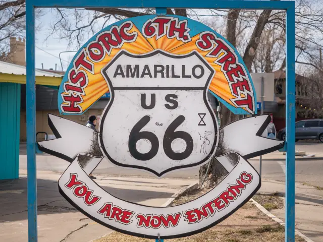 Historic 6th Street Route 66 Sign, Amarillo, with the Route 66 sign crest and red text at the top