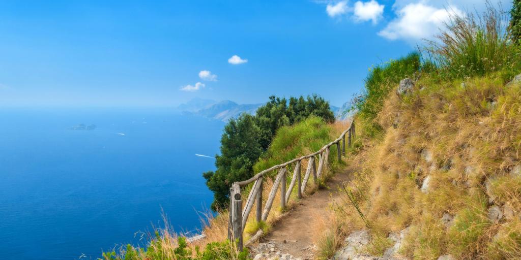 Path of the Gods with blue sea and blue sky in distance, Amalfi Coast