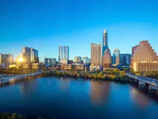 Downtown Skyline of Austin on a sunny day with blue skies, no clouds