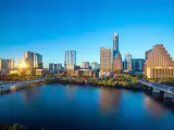 Downtown Skyline of Austin on a sunny day with blue skies, no clouds