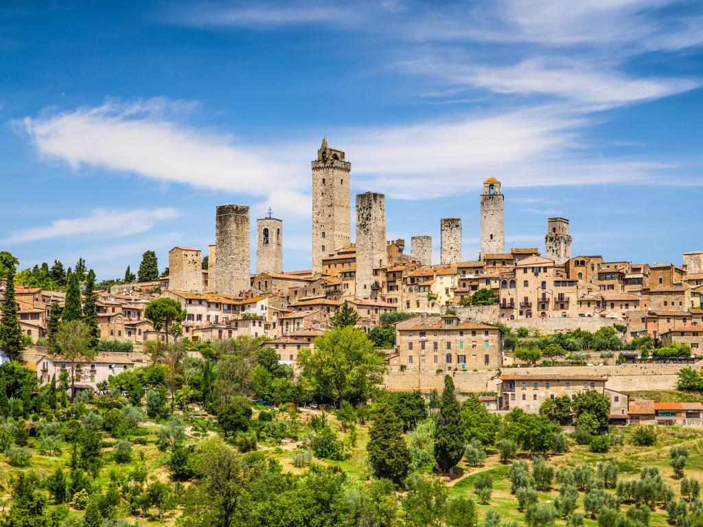 San Gimignano, Tuscany, Italy with a beautiful view of the medieval town on a sunny day.