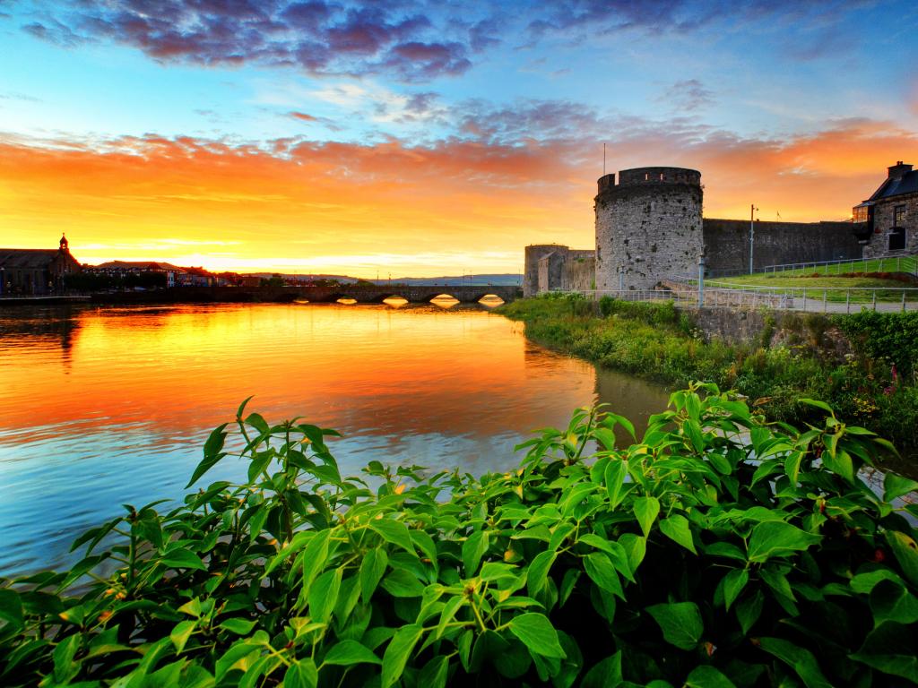 Limerick City, Ireland river view panorama at sunset.