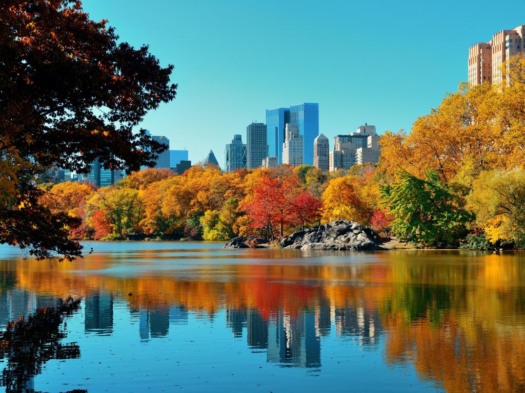 Central Park Autumn and buildings reflection in midtown Manhattan New York City, USA
