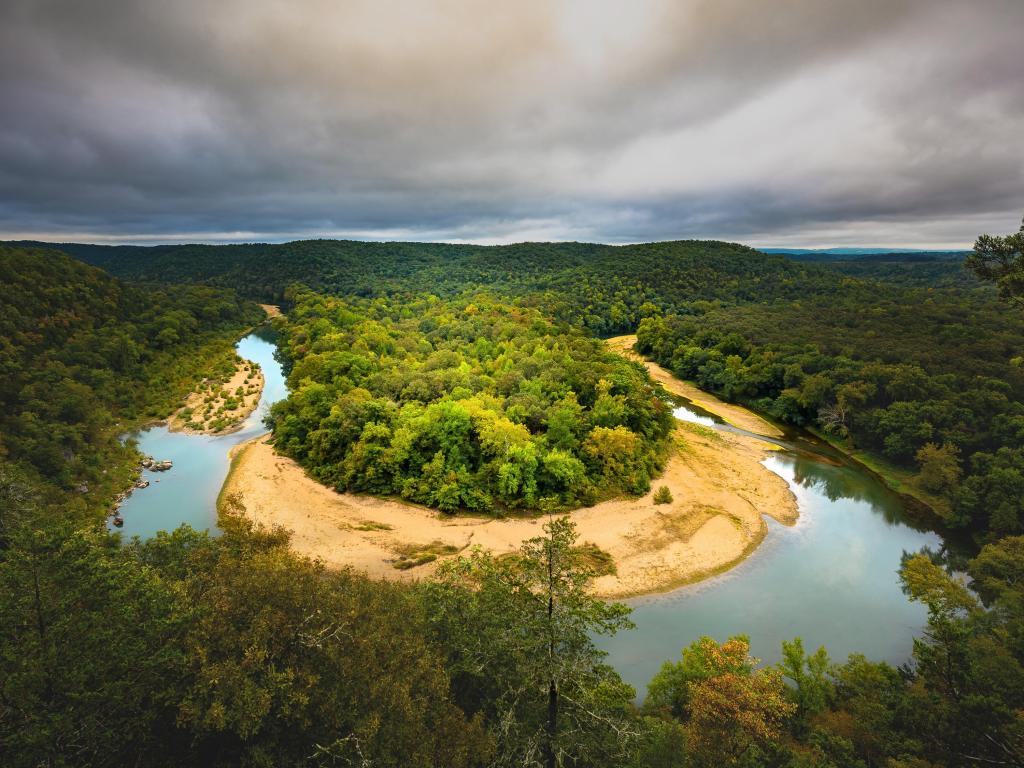 Buffalo River, Arkansas, USA with a view of the Horseshoe Bend in Arkansas Ozark Mountains on a cloudy day.