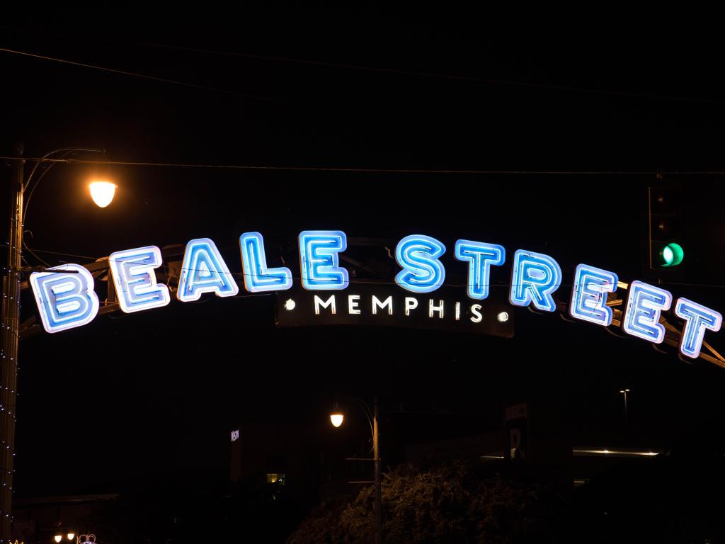 Beale Street, Memphis, sign illuminated at night