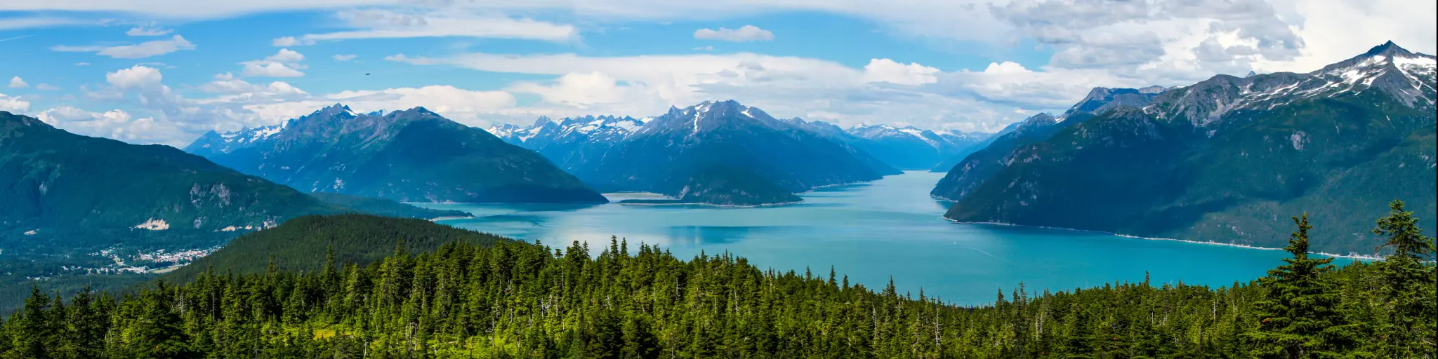 Haines, Alaska surrounded by snow-capped mountains and ocean inlets on a summer day.