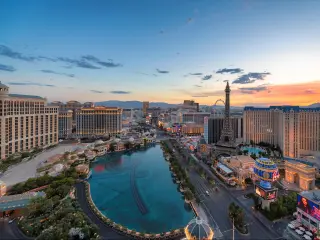 Las Vegas, Nevada, USA taken at sunrise at World famous Vegas Strip. The Strip is home to the largest hotels and casinos in the world.