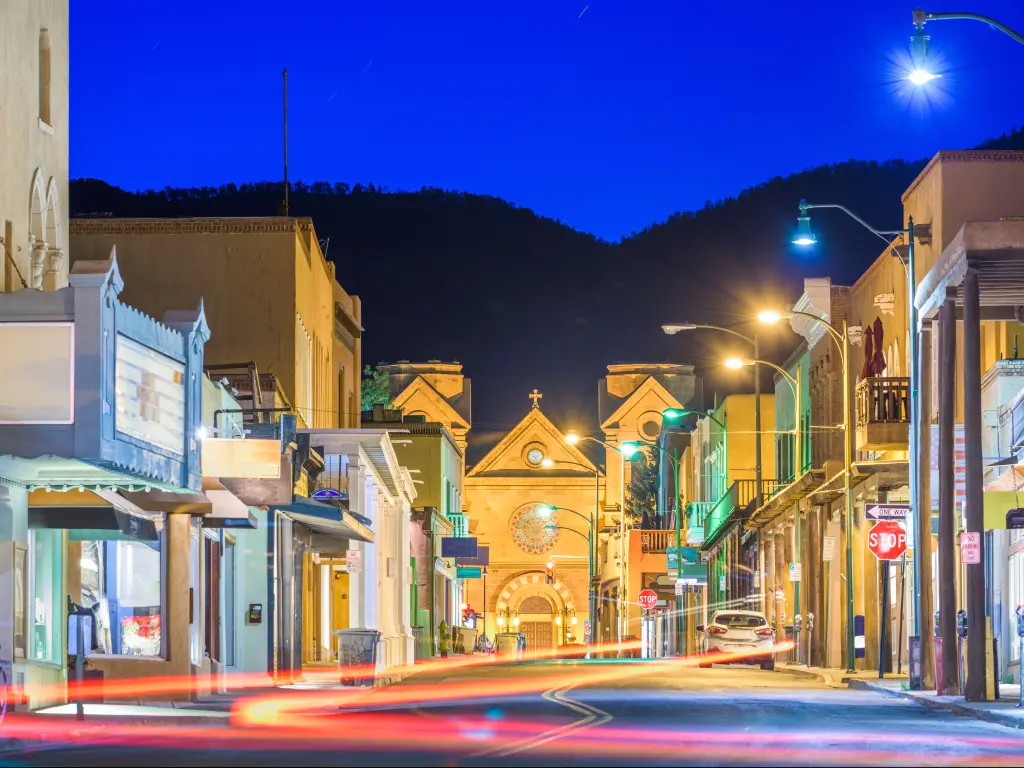 The quaint downtown of Santa Fe, New Mexico at night.
