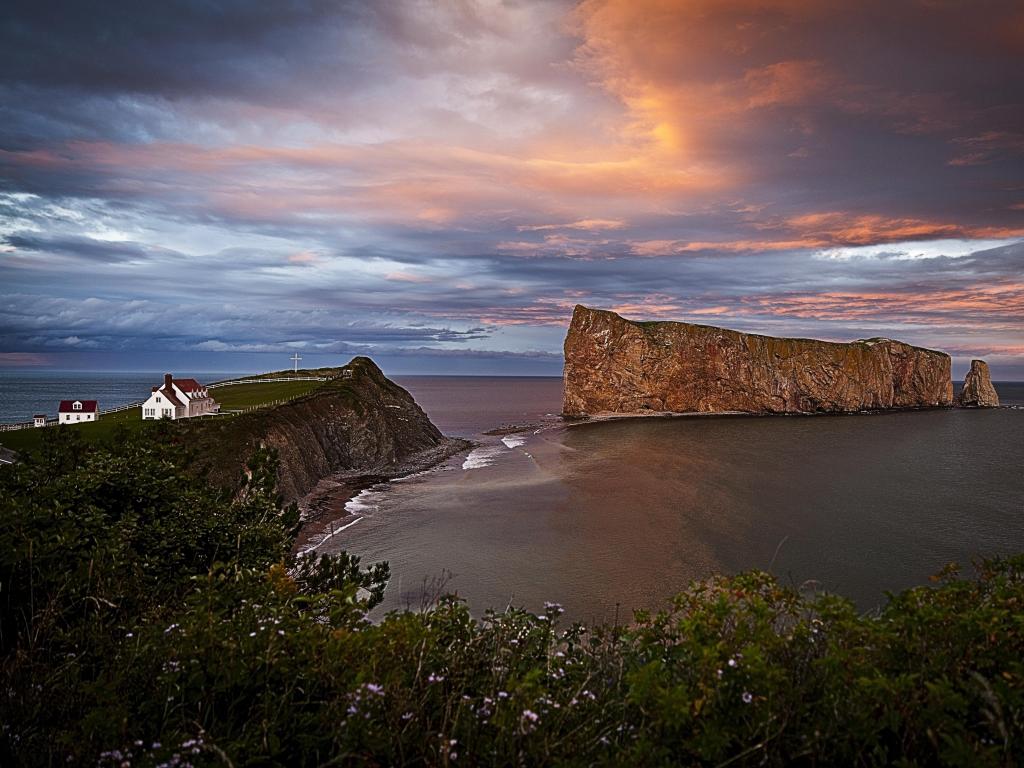 Perce Rock, famous place in Gaspe, Quebec during sunset