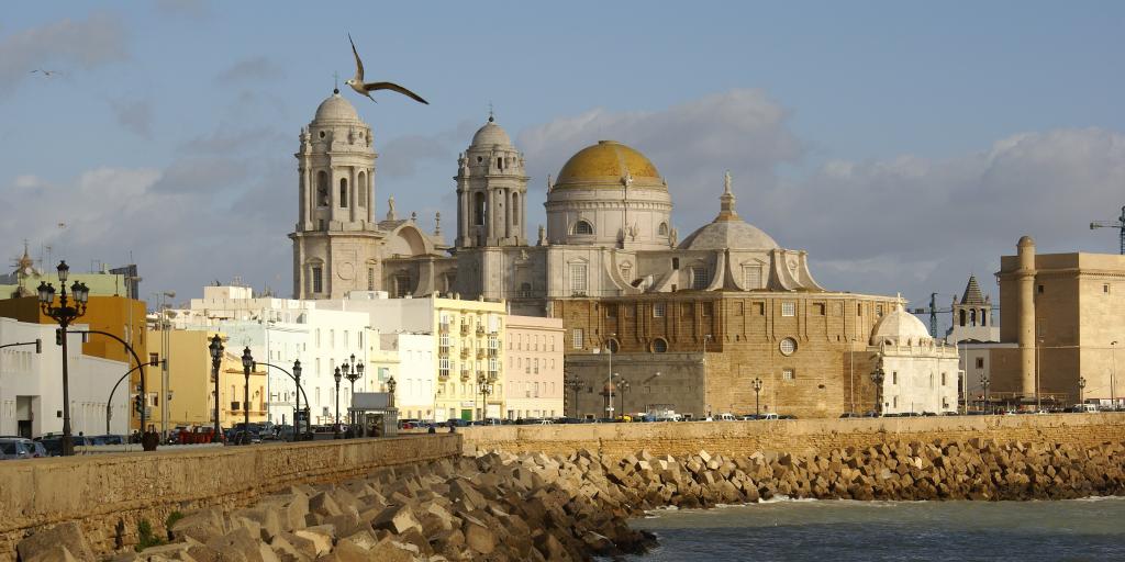 The imposing Cadiz Cathedral (Catedral de Cadiz) and its distinctive gold dome and bell tower