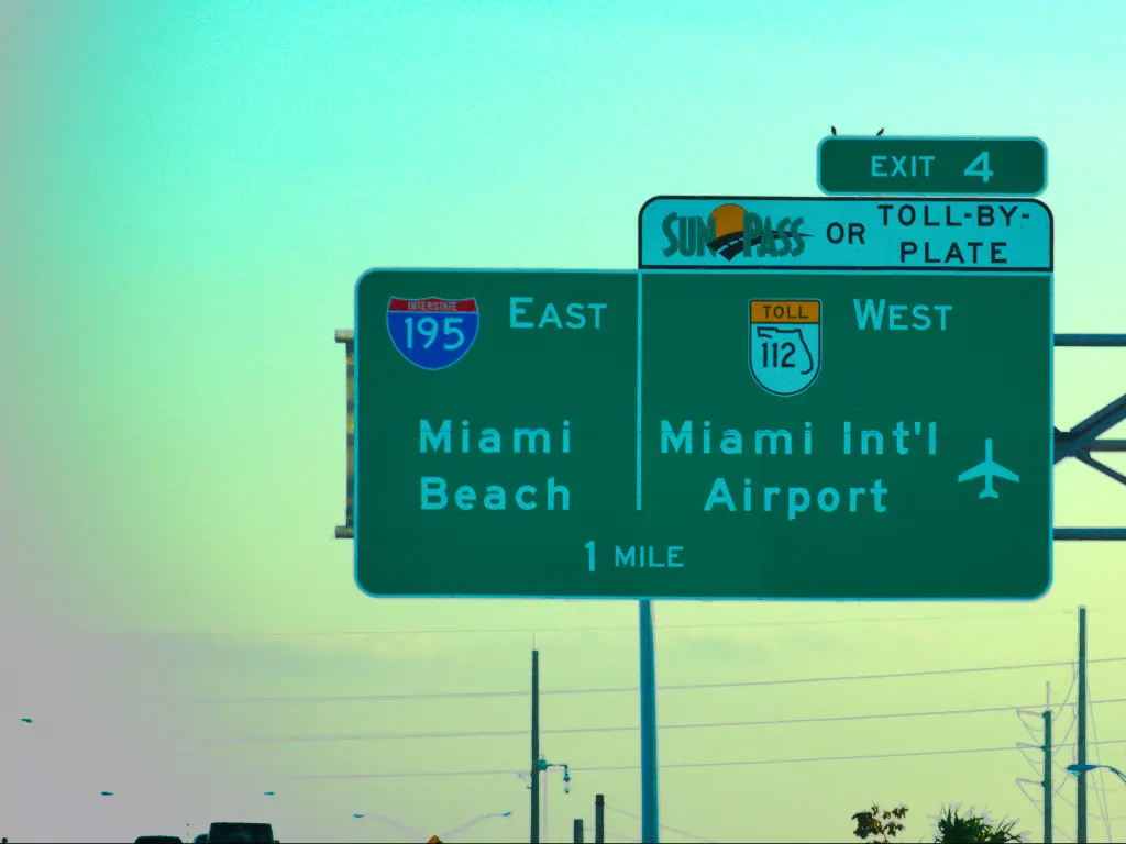 An image that shows a green sign post of Miami International Airport and another one shows Miami Beach
