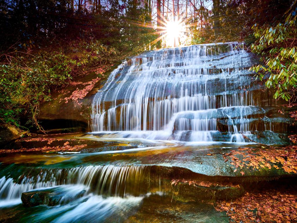 Sun setting over Grogan Creek Falls (or Falls on Grogan Creek) located in Pisgah National Forest