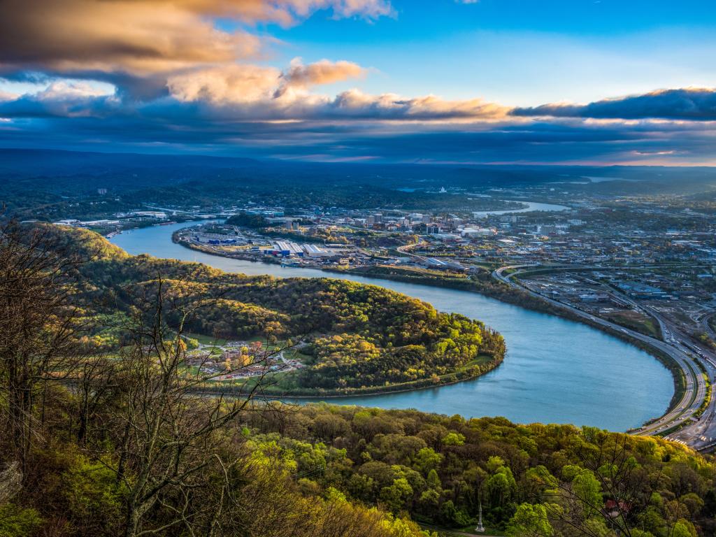 Chattanooga, Tennessee, USA taken as a drone aerial view of downtown Chattanooga and Tennessee River.