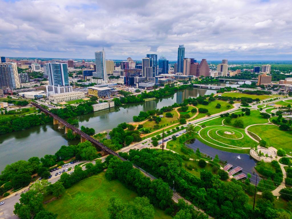 Aerial view of downtown Austin across the Colorado River, Texas