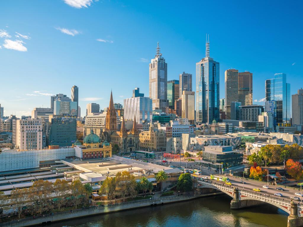 Melbourne, Australia with the city skyline in Australia against a blue sky.