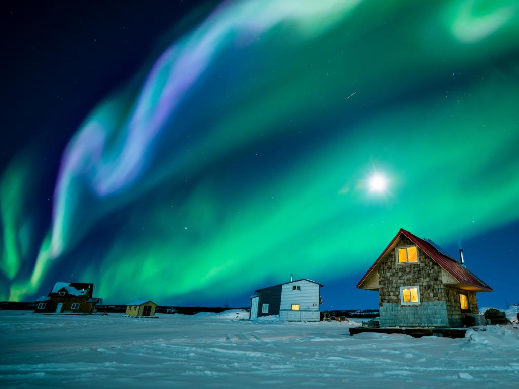 An amazing night display colorful aurora borealis at Great Slave Lake