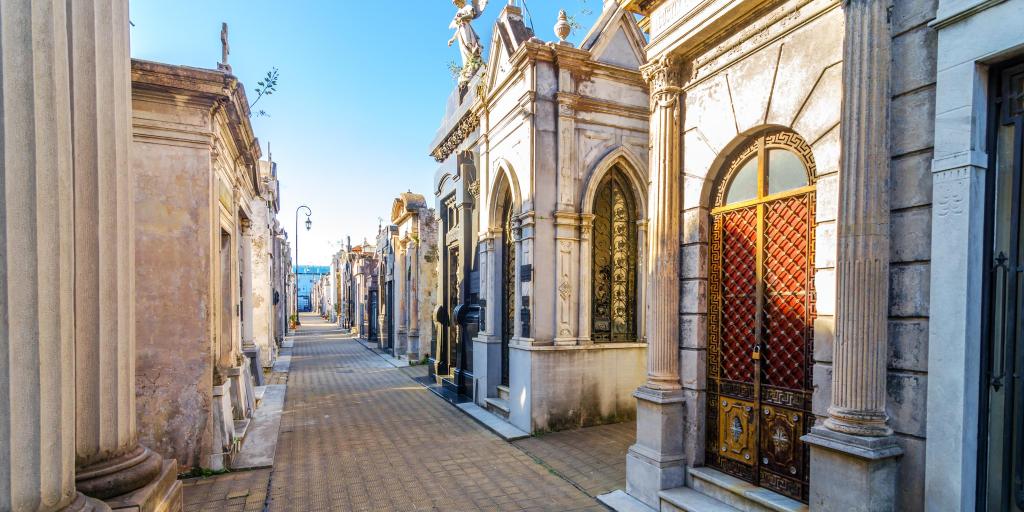 Large, ornate, rectangular tombs at Recoleta Cemetery, Buenos Aires, Argentina