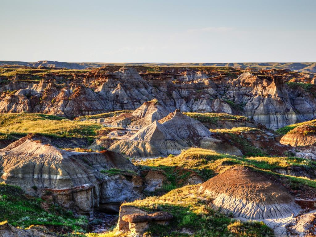 Dinosaur Provincial Park, Alberta, Canada with the sun setting over the Alberta badlands, which is well known for being one of the richest dinosaur fossil locales in the world.