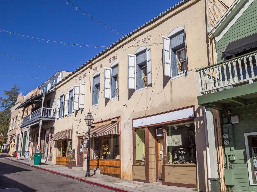 Old buildings and shops in historical downtown Nevada City.