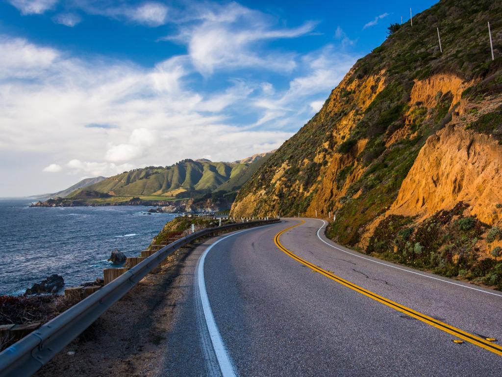 Pacific Coast Highway and view of the Pacific Ocean, in Big Sur, California.