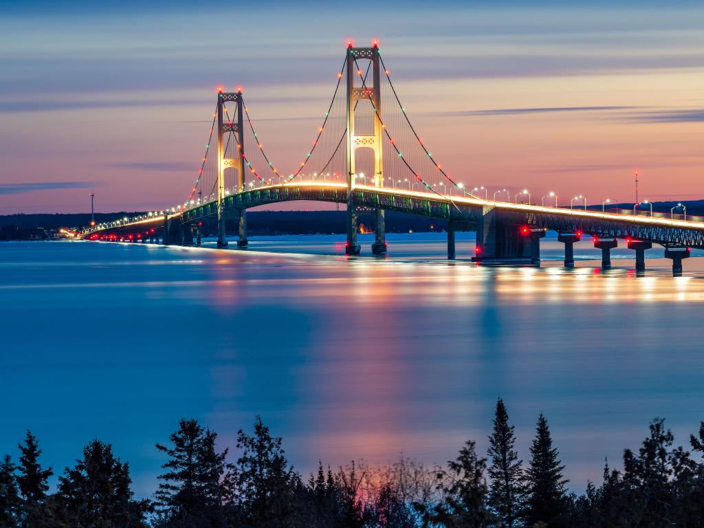 The stunning evening view of Mackinac Bridge Night Lights, St. Ignace MIchigan