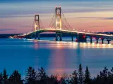 The stunning evening view of Mackinac Bridge Night Lights, St. Ignace MIchigan