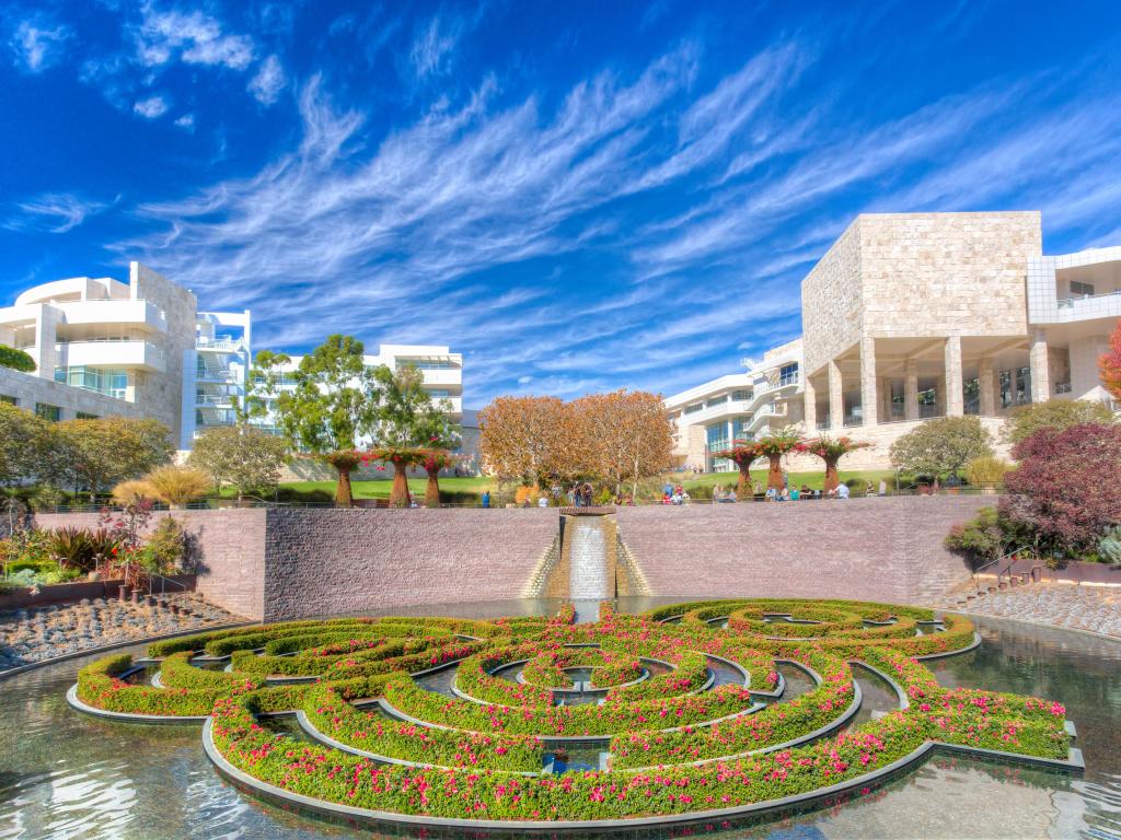 The Getty Complex in the background with a small hedge maze in the foreground