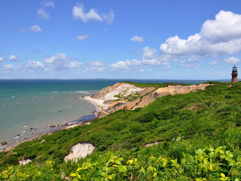 Martha's Vineyard, Cape Cod, USA with a photo of cliffs and lighthouse (Gay Head) on a beautiful clear summer day. 