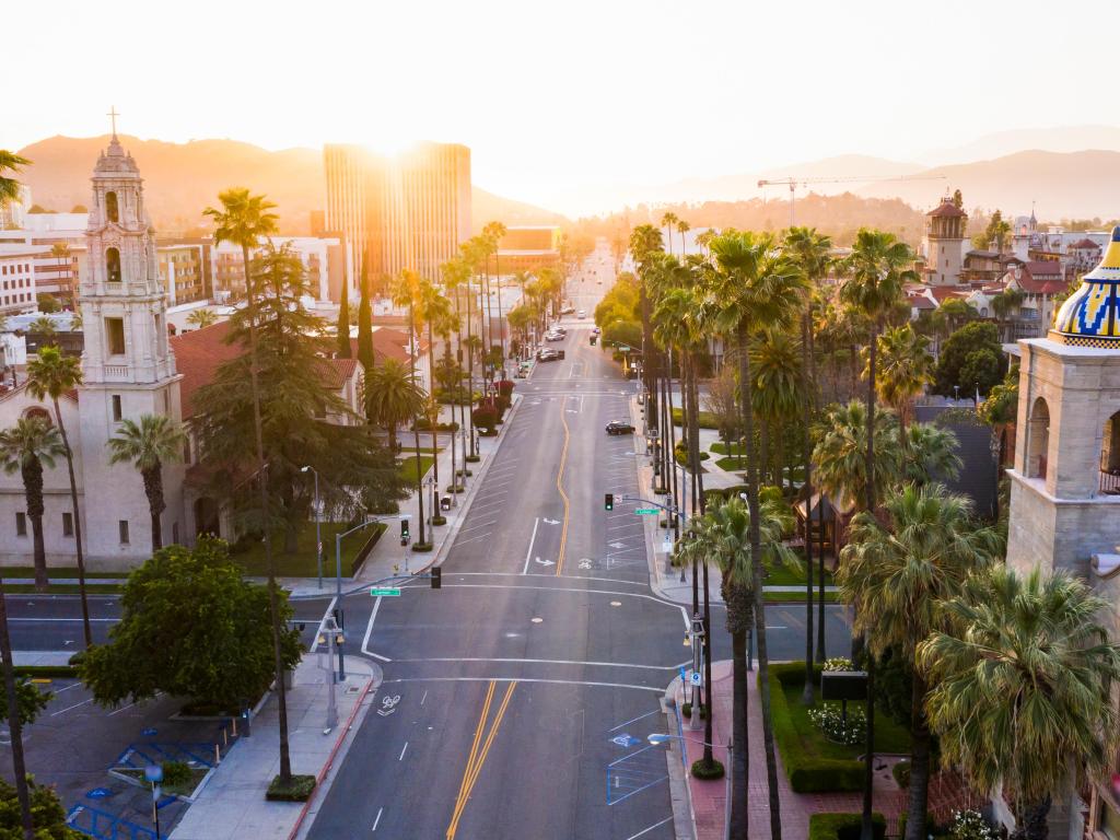 Sunset aerial view of historic downtown Riverside, California.