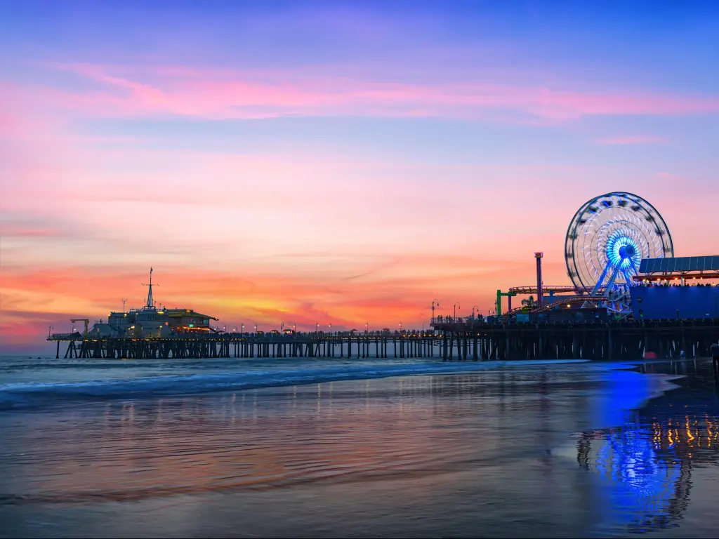The Santa Monica Pier at sunset, California, USA