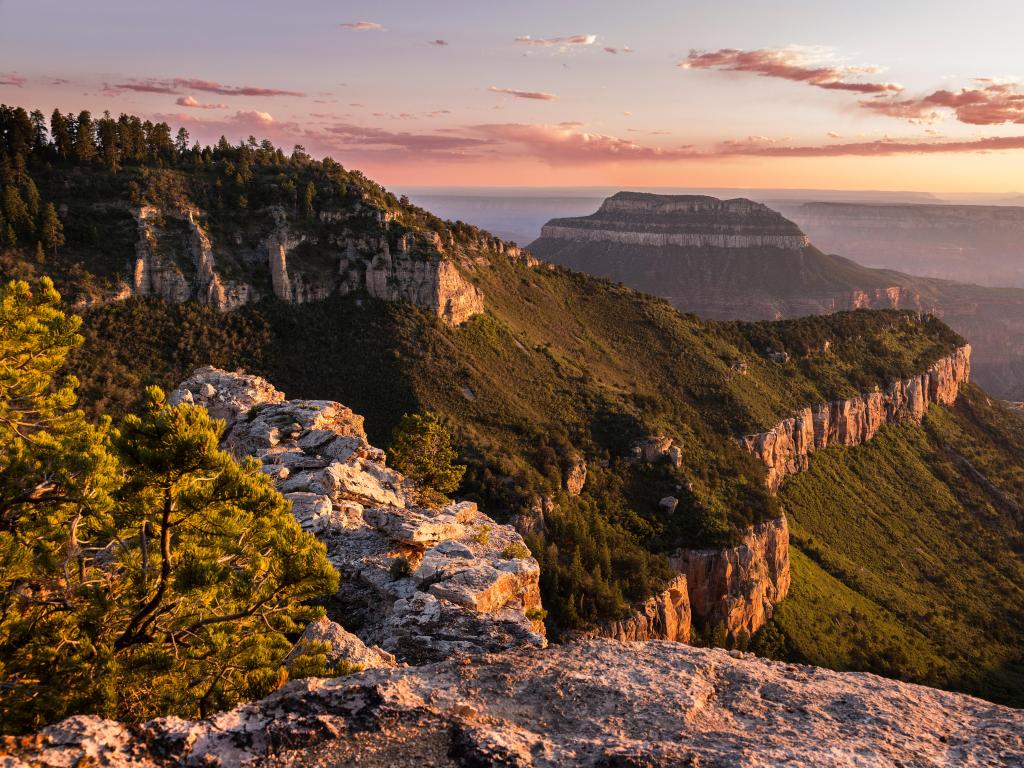 Sunset View of the Grand Canyon North Rim from Locust Point on the edge of the Kaibab Plateau from the North Rim.