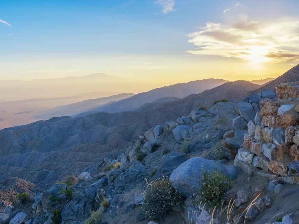 Keys View Overlook, California, USA with a panorama view of the mesas, mountains and valleys at sunset.