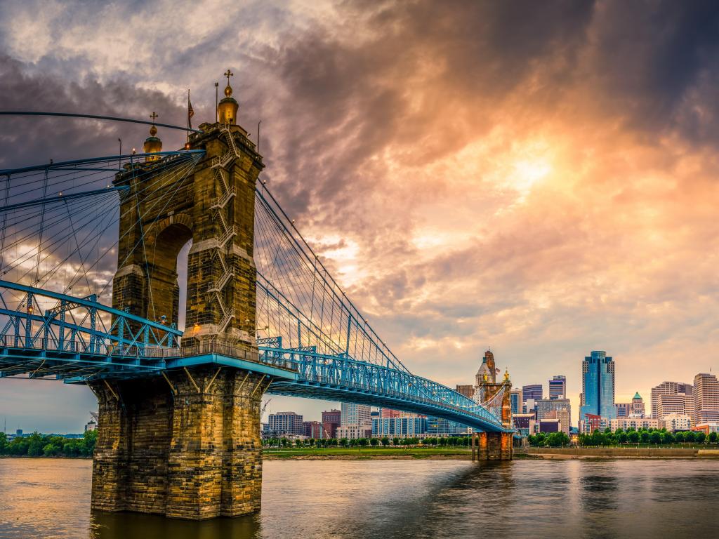 Cincinnati, Ohio, USA with a panoramic view of John A. Roebling Suspension Bridge over the Ohio River and downtown Cincinnati skyline.